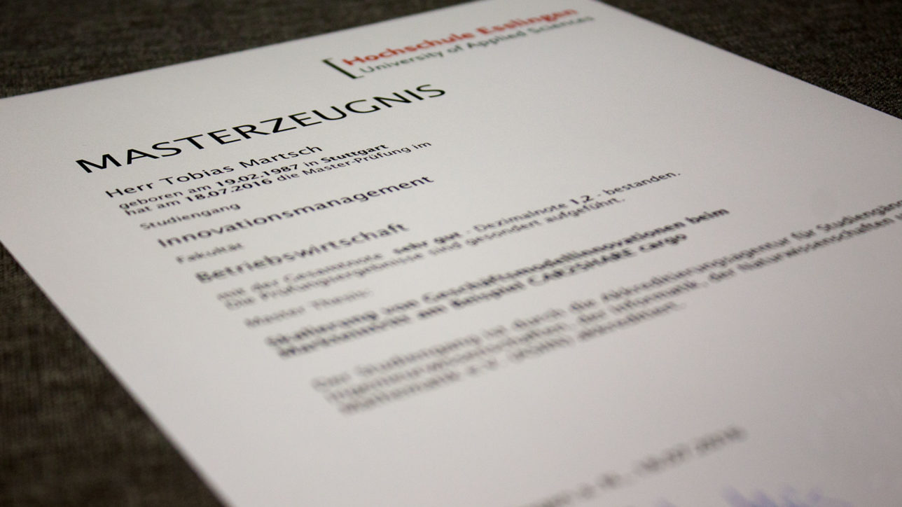 Masterzeugnis des geschäftsführenden Gesellschafters Tobias Martsch von der Hochschule Esslingen im Studiengang Innovationsmanagement