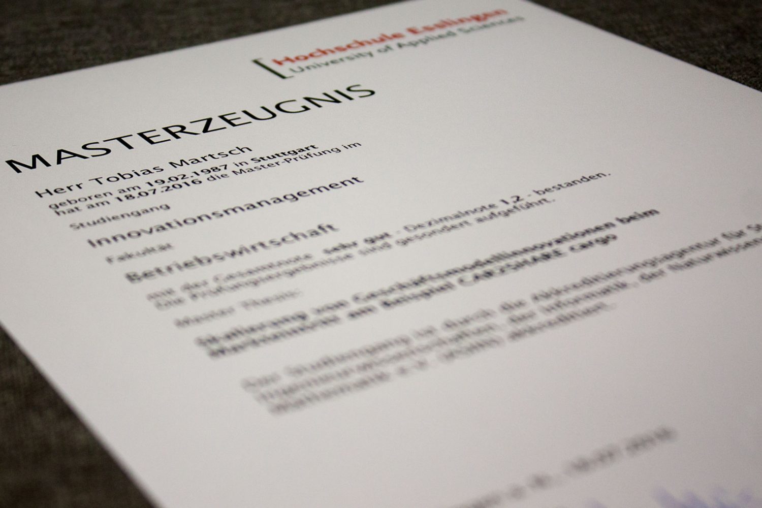 Masterzeugnis des geschäftsführenden Gesellschafters Tobias Martsch von der Hochschule Esslingen im Studiengang Innovationsmanagement